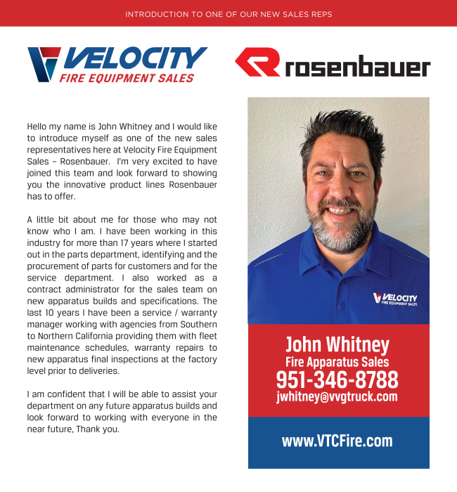 May 11th - John Whitney joins Velocity Fire Equipment Sales